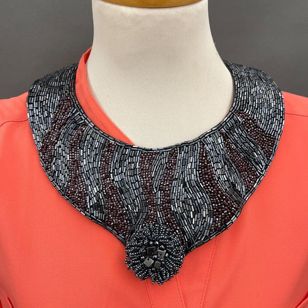 Marchant Gray Red Beaded‎ Women's Fashion Collar Bib Necklace NWOT
